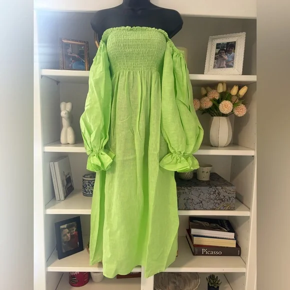 Sleeper Atlanta Lime Green Smocked Linen dress